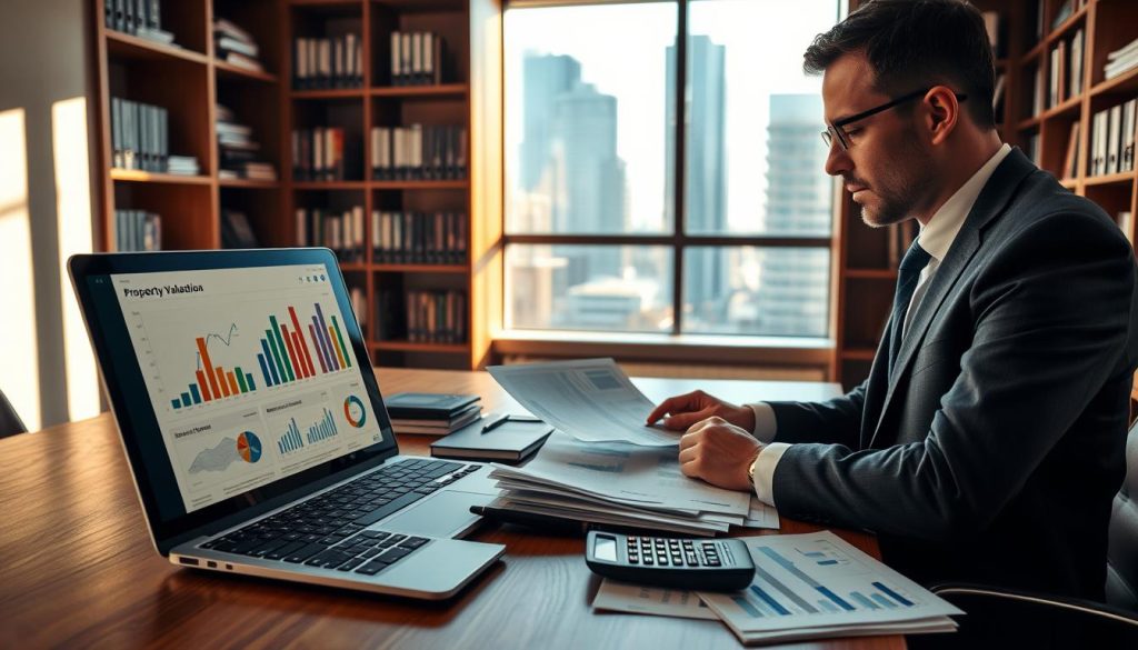 A close-up of a professional banker in a modern office, analyzing property valuation documents. The banker, dressed in a sharp suit, sits at a sleek wooden desk cluttered with charts and a calculator. In the foreground, a laptop displays graphs and real estate data, while in the middle, a large window lets in natural light, illuminating a contemporary cityscape outside. In the background, bookshelves are filled with financial books and industry reports. The atmosphere is focused and determined, showcasing the meticulous nature of property valuation. Soft, warm lighting enhances the professionalism, shot at a slight angle to highlight the banker’s engagement with the task. The overall mood reflects diligence and expertise in financial evaluation. A close-up of a professional banker in a modern office, analyzing property valuation documents. The banker, dressed in a sharp suit, sits at a sleek wooden desk cluttered with charts and a calculator. In the foreground, a laptop displays graphs and real estate data, while in the middle, a large window lets in natural light, illuminating a contemporary cityscape outside. In the background, bookshelves are filled with financial books and industry reports. The atmosphere is focused and determined, showcasing the meticulous nature of property valuation. Soft, warm lighting enhances the professionalism, shot at a slight angle to highlight the banker’s engagement with the task. The overall mood reflects diligence and expertise in financial evaluation.
