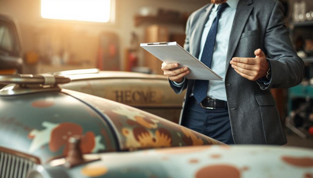 A close-up of a vintage car, showing detailed elements like its rugged bodywork and weathered paint, symbolizing its history and potential value. In the foreground, a professional business person in a tailored suit examines the car's exterior, holding a clipboard with inspection notes. In the middle, there are subtle hints of accident history, like subtle dents and scratches on the car’s surface. The background features a softly blurred garage setting with tools and light streaming in, creating a bright ambiance. The lighting is natural and warm, enhancing the nostalgic feel of the car while invoking a sense of careful evaluation. The atmosphere is serious yet hopeful, illustrating the concept of 'collateral value' in the context of used vehicles. A close-up of a vintage car, showing detailed elements like its rugged bodywork and weathered paint, symbolizing its history and potential value. In the foreground, a professional business person in a tailored suit examines the car's exterior, holding a clipboard with inspection notes. In the middle, there are subtle hints of accident history, like subtle dents and scratches on the car’s surface. The background features a softly blurred garage setting with tools and light streaming in, creating a bright ambiance. The lighting is natural and warm, enhancing the nostalgic feel of the car while invoking a sense of careful evaluation. The atmosphere is serious yet hopeful, illustrating the concept of 'collateral value' in the context of used vehicles.