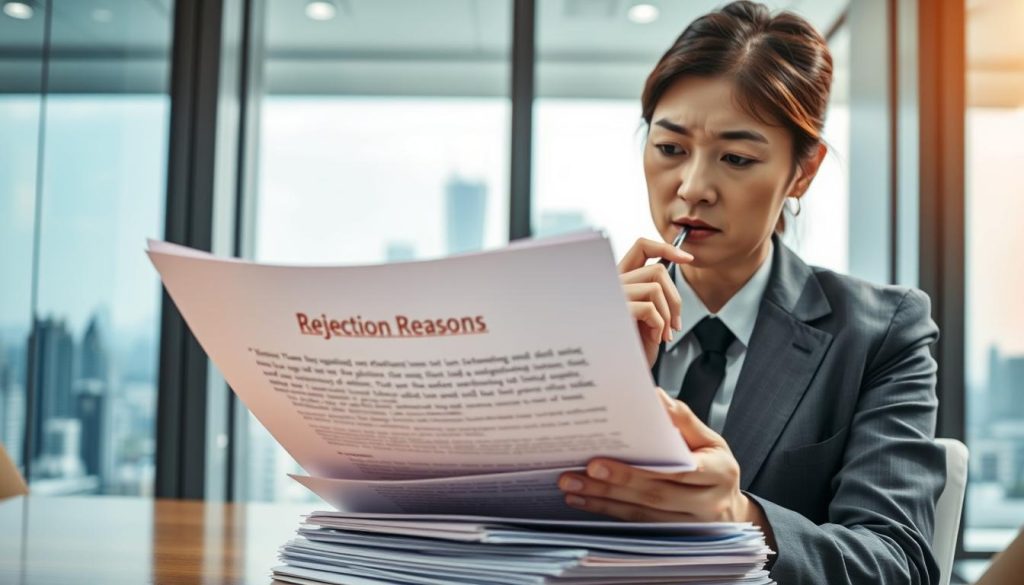 A close-up scene depicting a business professional in a modern office environment, examining a stack of documents labeled "退件原因" (rejection reasons) with a puzzled expression. The foreground features the professional, a middle-aged Asian woman dressed in a smart business suit, tapping her pen against her chin, deep in thought. In the middle, the stack of papers is slightly disheveled, with highlighted sections and notes scribbled in the margins. The background reveals a sleek, contemporary office setting with a large window showing a city skyline, letting in soft, natural light. The atmosphere conveys a blend of frustration and determination, emphasizing the challenges faced by small businesses in Taiwan's loan application process.