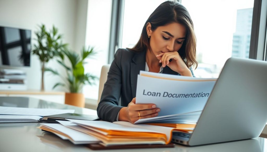A close-up scene in a bright, modern office environment, showcasing a professional woman in business attire, seated at a sleek desk cluttered with organized documents and a laptop. She is thoughtfully examining a folder labeled "Loan Documentation," with a focused expression. The background features a large window letting in natural light, revealing a view of a cityscape. Soft shadows and warm tones create a welcoming atmosphere, while a potted plant adds a touch of greenery. The scene conveys the importance of understanding loan data retention, illustrating a sense of professionalism and diligence in financial management. The angle is slightly elevated, focusing on the woman's engagement with the materials, emphasizing the significance of keeping track of crucial financial information.