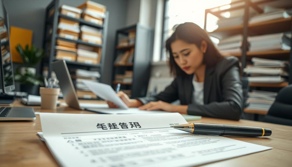 A close-up scene of a professional workspace focused on document filling, featuring a well-organized desk. In the foreground, a neatly arranged form labeled "資料填寫" with a pen beside it, emphasizing attention to detail. The middle layer captures a person in professional attire, intently reviewing the form, their expression showcasing concentration and diligence. The background is softly blurred, showing a modern office environment with shelves of neatly stacked files and a warm, inviting atmosphere. Natural light filters through a nearby window, creating soft shadows and highlighting the importance of clarity and accessibility in document preparation. The overall mood is serious yet professional, reflecting the critical nature of precise data submission.