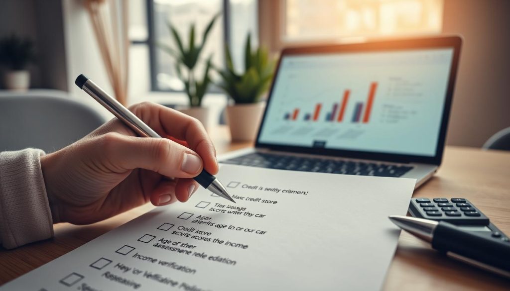 A close-up view of a checklist in a modern office setting, featuring a neatly organized list of self-assessment criteria for a car loan. In the foreground, a hand holding a pen marks off items on the checklist, which includes factors like credit score, age of the car, and income verification. The middle ground shows a sleek laptop displaying financial graphs and a calculator, creating a sense of financial analysis. In the background, natural light filters through a window with plant decor, adding a fresh and professional atmosphere. The mood is focused and introspective, highlighting the importance of preparation before applying for a car loan. Use soft, warm lighting to create a welcoming and optimistic vibe. A close-up view of a checklist in a modern office setting, featuring a neatly organized list of self-assessment criteria for a car loan. In the foreground, a hand holding a pen marks off items on the checklist, which includes factors like credit score, age of the car, and income verification. The middle ground shows a sleek laptop displaying financial graphs and a calculator, creating a sense of financial analysis. In the background, natural light filters through a window with plant decor, adding a fresh and professional atmosphere. The mood is focused and introspective, highlighting the importance of preparation before applying for a car loan. Use soft, warm lighting to create a welcoming and optimistic vibe.