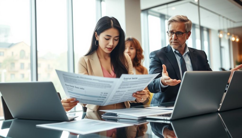 A close-up view of a diverse group of individuals discussing loan results in a modern bank office. In the foreground, a well-dressed Asian woman is examining a document with loan figures, showcasing a focused expression. Next to her, a middle-aged Caucasian man, dressed in a smart suit, gestures while explaining the figures. The background features a contemporary office setting with large windows allowing daylight to stream in, creating a warm atmosphere. On a glass table, financial reports and a laptop are visible, emphasizing the analytical nature of the discussion. Soft, diffused lighting enhances the professional ambiance, capturing the essence of thoughtful deliberation. The image should feel informative and engaging, reflecting the importance of understanding personal loan results.
