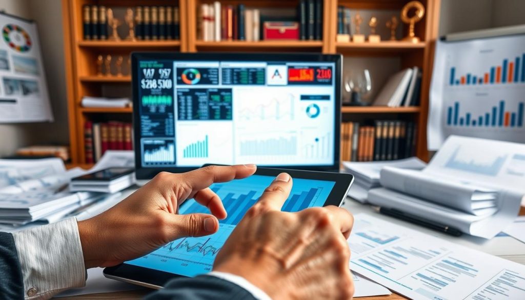 A close-up view of a financial analyst's desk, cluttered with detailed financial statements, charts, and graphs. In the foreground, a pair of hands, dressed in professional business attire, are actively pointing at a complex line graph on a digital tablet that illustrates financial performance metrics. The middle layer features a large screen displaying various financial indicators and analysis tools, casting a soft blue light. In the background, soft-focus shelves filled with finance books and awards hint at a successful career in corporate finance. The overall atmosphere is focused and diligent, conveying professionalism and the importance of financial statement analysis in loan assessment. Bright, natural lighting enhances the clarity of the documents. A close-up view of a financial analyst's desk, cluttered with detailed financial statements, charts, and graphs. In the foreground, a pair of hands, dressed in professional business attire, are actively pointing at a complex line graph on a digital tablet that illustrates financial performance metrics. The middle layer features a large screen displaying various financial indicators and analysis tools, casting a soft blue light. In the background, soft-focus shelves filled with finance books and awards hint at a successful career in corporate finance. The overall atmosphere is focused and diligent, conveying professionalism and the importance of financial statement analysis in loan assessment. Bright, natural lighting enhances the clarity of the documents.