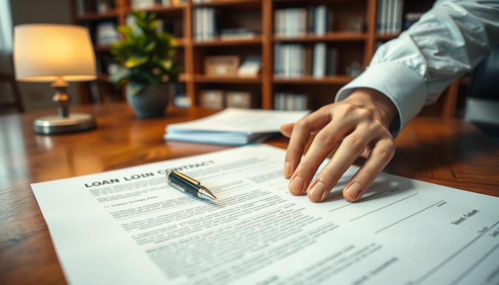 A close-up view of a loan contract document spread out on a polished wooden desk, with intricate details such as fine print and signature lines clearly visible. In the foreground, a pair of professional business hands, dressed in a crisp white shirt and blue sleeve cuffs, hover over the contract, as if contemplating signing it. In the middle ground, a modern pen lies beside the document, reflecting soft, ambient light from a nearby lamp. The background features shelves filled with financial books and a potted plant for a touch of greenery. The lighting should be warm and inviting, creating a serious yet approachable atmosphere, emphasizing the importance of understanding contracts before signing them.