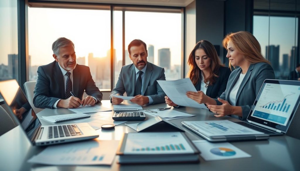 A close-up view of a professional business meeting discussing cash flow strategies. In the foreground, a diverse group of four individuals, including two men and two women dressed in formal business attire, are analyzing financial documents and charts. The middle ground features a modern conference table with analytical tools such as calculators and laptops open to spreadsheets displaying cash flow metrics. In the background, a large window reveals a city skyline, softly illuminated by late afternoon sunlight, casting a warm glow over the room. The overall mood is focused and collaborative, emphasizing the importance of financial strength and creditworthiness in banking decisions. The scene is captured with a slight depth of field to highlight the participants’ expressions and engagement in the discussion.