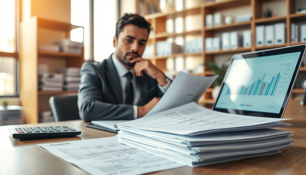 A close-up view of a professional business office setting focused on the concept of bill discounting. In the foreground, a neatly arranged desk with a stack of invoices and financial documents, a calculator, and a laptop displaying graphs showing cash flow. The middle ground features a confident businessperson in professional attire, reviewing the documents intently, with a thoughtful expression. The background reveals a softly lit office environment with shelves filled with financial reports and a large window allowing warm, natural light to filter in, creating an inviting ambiance. The overall mood conveys urgency and professionalism, emphasizing the fast-paced financial process of bill discounting.