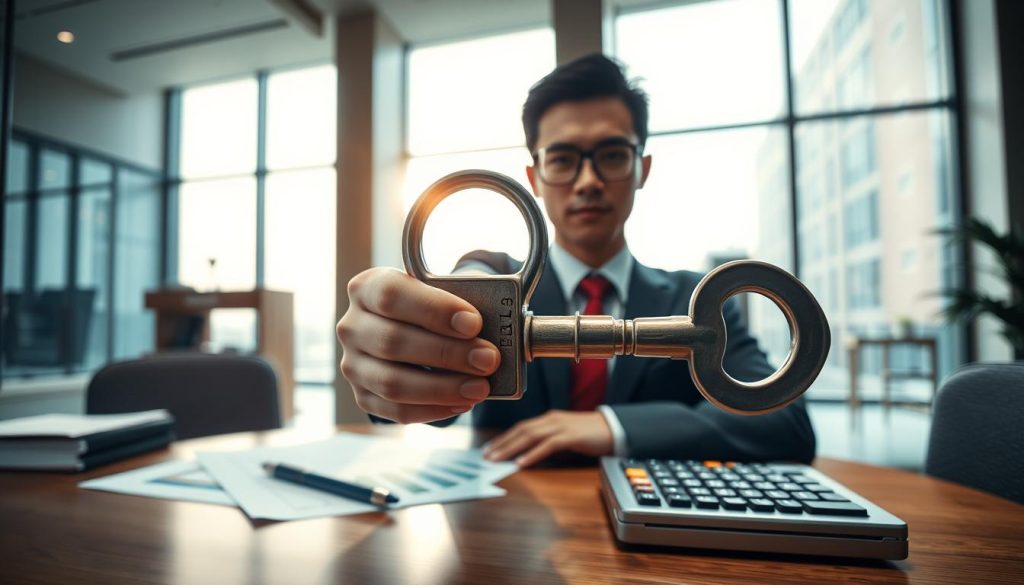 A close-up view of a professional business setting, featuring a symbolic representation of "擔保" (guarantee). In the foreground, a confident business person in formal attire holds a large key, signifying security and trust. The middle ground includes a desk adorned with financial documents and a calculator, reflecting loan agreements and risk assessments. In the background, a bank building is visible with large windows and modern architecture, symbolizing a financial institution. Soft, natural lighting streams through the windows, creating a warm and inviting atmosphere. The overall mood conveys seriousness yet optimism, highlighting the connection between risk, credit, and interest rates in business loans. The angle captures depth, focusing on both the individual and the important context of their environment.