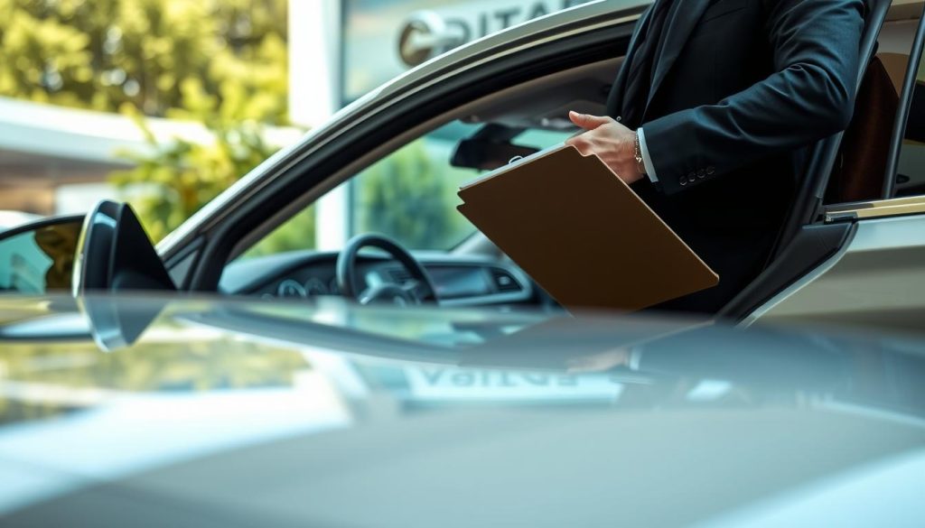 A close-up view of a professional evaluating a used car in an outdoor setting. The foreground features a businessperson in smart casual attire inspecting the car's interior with a clipboard in hand, taking notes. In the middle ground, a sleek, lightly used sedan is parked, its body gleaming under soft, natural lighting that emphasizes the car's features and chrome accents. The background is a blurred car dealership with greenery, hinting at a professional yet relaxed environment. The mood is analytical and focused, suggesting a thoughtful assessment of the vehicle's value and suitability for financing. Capture the angle from slightly above, allowing viewers to see both the evaluator and the car's condition comprehensively.