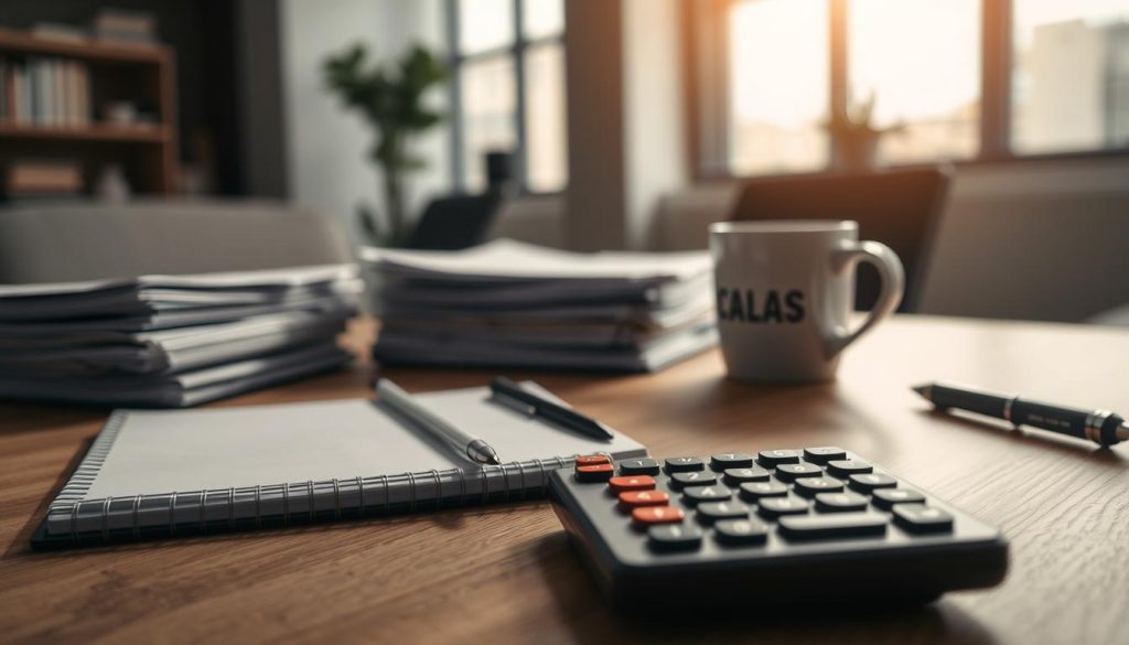 A close-up view of a professional office desk, where a calculator, a notebook, and a pen are arranged neatly in the foreground, symbolizing small loan calculations. In the middle ground, stacks of paperwork sit next to a coffee cup, indicating the busy nature of loan applications. The background shows a blurred modern office environment with a large window letting in soft, natural light, creating a warm and inviting atmosphere. The lighting is balanced, casting subtle shadows, and creates a sense of focus on the financial tools. The mood is serious yet optimistic, reflecting the potential risks and rewards associated with small loans and cash flow management. A close-up view of a professional office desk, where a calculator, a notebook, and a pen are arranged neatly in the foreground, symbolizing small loan calculations. In the middle ground, stacks of paperwork sit next to a coffee cup, indicating the busy nature of loan applications. The background shows a blurred modern office environment with a large window letting in soft, natural light, creating a warm and inviting atmosphere. The lighting is balanced, casting subtle shadows, and creates a sense of focus on the financial tools. The mood is serious yet optimistic, reflecting the potential risks and rewards associated with small loans and cash flow management.