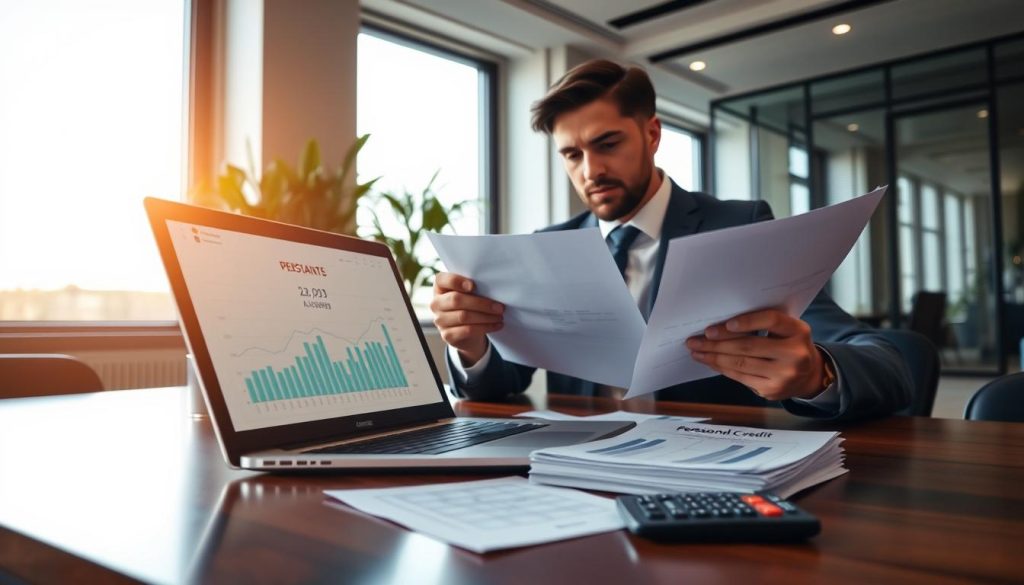 A close-up view of a professional setting highlighting personal finance. In the foreground, an elegant desk with a laptop displaying financial graphs and charts. Beside the laptop, a neatly arranged stack of documents labeled "Personal Credit Loan" and a calculator. In the middle, a confident businessman in a tailored suit reviewing the documents, looking thoughtful and engaged. In the background, a modern office environment with soft natural lighting streaming through large windows, casting a warm glow. Add a small indoor plant for a touch of tranquility. The overall mood is focused and professional, conveying the importance of financial decisions related to personal credit and its impact on credit card applications.