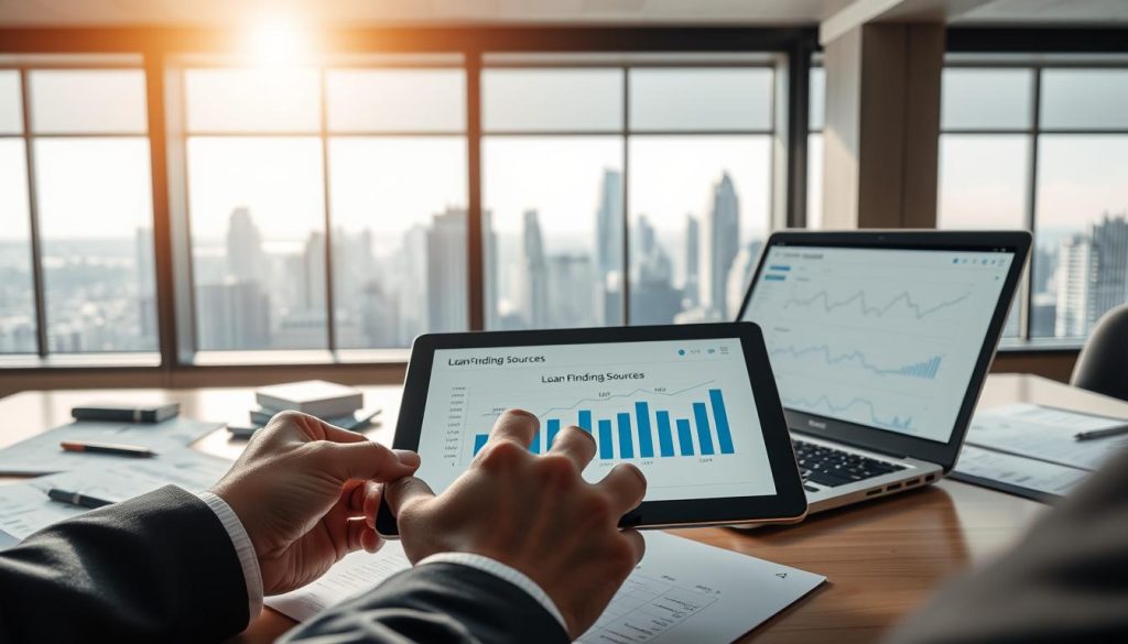 A close-up view of a professional workspace featuring a desk with financial documents, charts, and a laptop displaying a detailed graph of loan funding sources. In the foreground, a pair of hands in a business suit are analyzing data on a tablet. The middle ground shows a large window with a bright city skyline in the background, filled with modern banks and corporate buildings. Soft natural light streams in, creating a warm and insightful atmosphere. The scene captures the essence of understanding the origins of loan funding, emphasizing clarity and professionalism. The image should convey a sense of focus and determination, showcasing the interplay between technology and finance. A close-up view of a professional workspace featuring a desk with financial documents, charts, and a laptop displaying a detailed graph of loan funding sources. In the foreground, a pair of hands in a business suit are analyzing data on a tablet. The middle ground shows a large window with a bright city skyline in the background, filled with modern banks and corporate buildings. Soft natural light streams in, creating a warm and insightful atmosphere. The scene captures the essence of understanding the origins of loan funding, emphasizing clarity and professionalism. The image should convey a sense of focus and determination, showcasing the interplay between technology and finance.