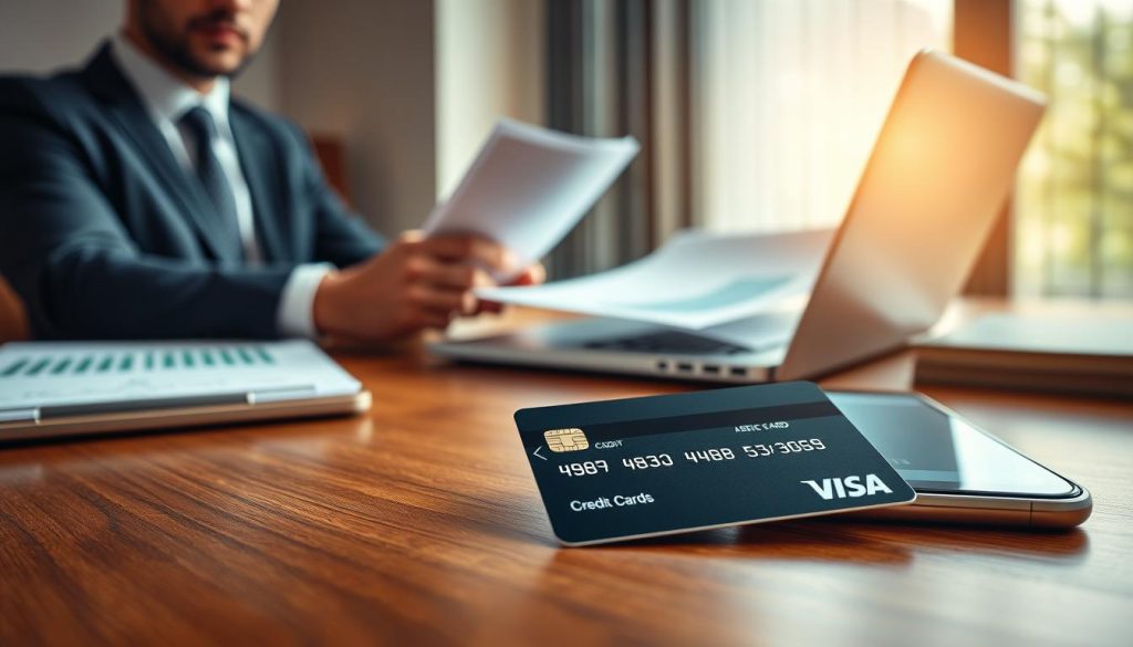 A close-up view of a stylish credit card laid on an elegant wooden desk, with a partially blurred modern laptop and financial documents in the background, symbolizing financial analysis and banking interactions. Soft, diffused natural light streams through a nearby window, creating a warm and inviting atmosphere. A poised business professional, dressed in formal attire, is seen from the side, reviewing documents, exuding confidence and focus. On the desk, a smartphone displays a graph of credit utilization rates, further highlighting the theme of credit card usage in banking. The overall composition should reflect a professional and analytical mood, emphasizing the importance of credit management in financial relationships. A close-up view of a stylish credit card laid on an elegant wooden desk, with a partially blurred modern laptop and financial documents in the background, symbolizing financial analysis and banking interactions. Soft, diffused natural light streams through a nearby window, creating a warm and inviting atmosphere. A poised business professional, dressed in formal attire, is seen from the side, reviewing documents, exuding confidence and focus. On the desk, a smartphone displays a graph of credit utilization rates, further highlighting the theme of credit card usage in banking. The overall composition should reflect a professional and analytical mood, emphasizing the importance of credit management in financial relationships.