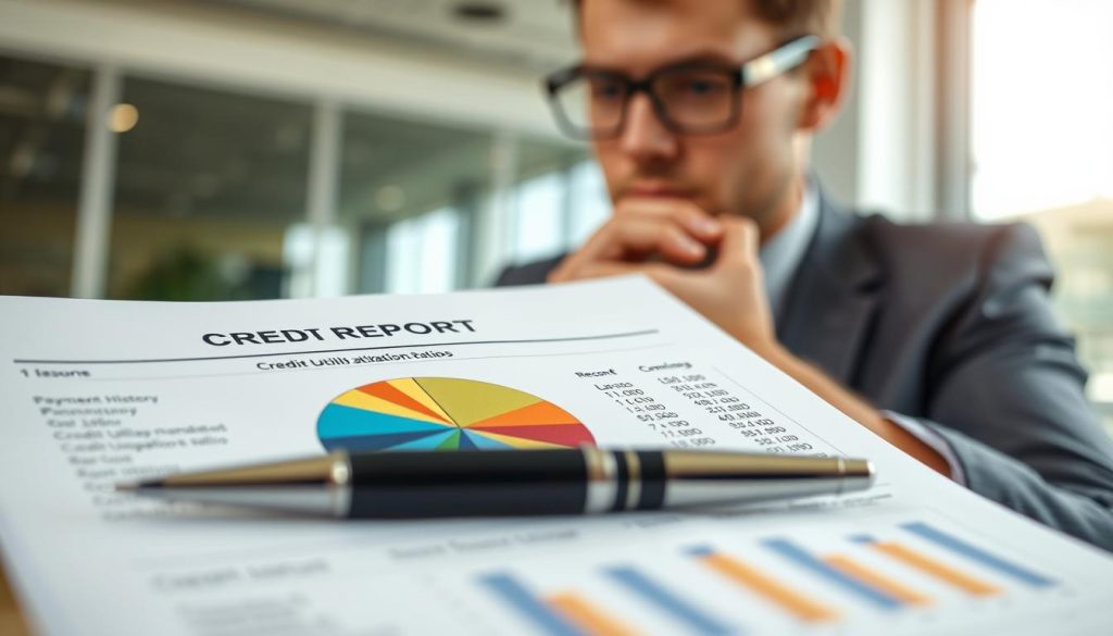 A close-up view of a well-organized financial document highlighting a credit report, with key elements like payment history, credit utilization ratio, and recent transactions. In the foreground, an elegant pen rests beside a detailed, colorful pie chart depicting different credit components. The middle ground features a well-dressed professional, a Caucasian male, thoughtfully reviewing the document, wearing a neat suit and glasses, symbolizing financial responsibility. In the background, soft-focus imagery of a modern office environment with natural light streaming in, creating a warm yet focused atmosphere. The overall mood conveys trust, stability, and professionalism, emphasizing the importance of credit history in securing bank loans.