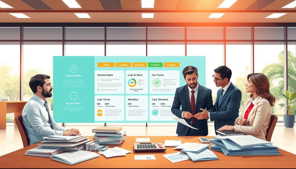 A conceptual illustration depicting the fundamental ideas behind auto loans, featuring a split scene. In the foreground, a diverse group of three professionals—two men and one woman—dressed in smart business attire, are engaging in a discussion around a table cluttered with financial documents and a calculator. In the middle ground, a large infographic displays key elements of car loans, such as interest rates, loan terms, and monthly payments, using bright colors and simplified icons. The background features a modern bank setting, with a large glass window allowing natural light to flood in, creating a warm and inviting atmosphere. The overall mood should be informative and engaging, reflecting clarity and professionalism. The image should be visually balanced, emphasizing the interaction between the group and the informative elements.