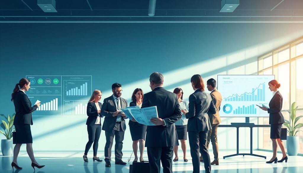 A conceptual illustration depicting the loan approval logic process, focused on a serene, professional office environment. In the foreground, a diverse group of business professionals, dressed in smart business attire, collaboratively reviewing documents and digital screens that display various loan approval metrics and graphs. In the middle, the atmosphere is dynamic yet focused, highlighting the interaction between the team members as they analyze data points that represent risk assessment factors. The background features a large window with natural light pouring in, illuminating the workspace and casting soft shadows. The overall mood is optimistic and focused on teamwork and analysis, with a color palette of blues and greens to evoke trust and clarity. Capture the essence of understanding loan application reasons and the refinement of approval criteria.