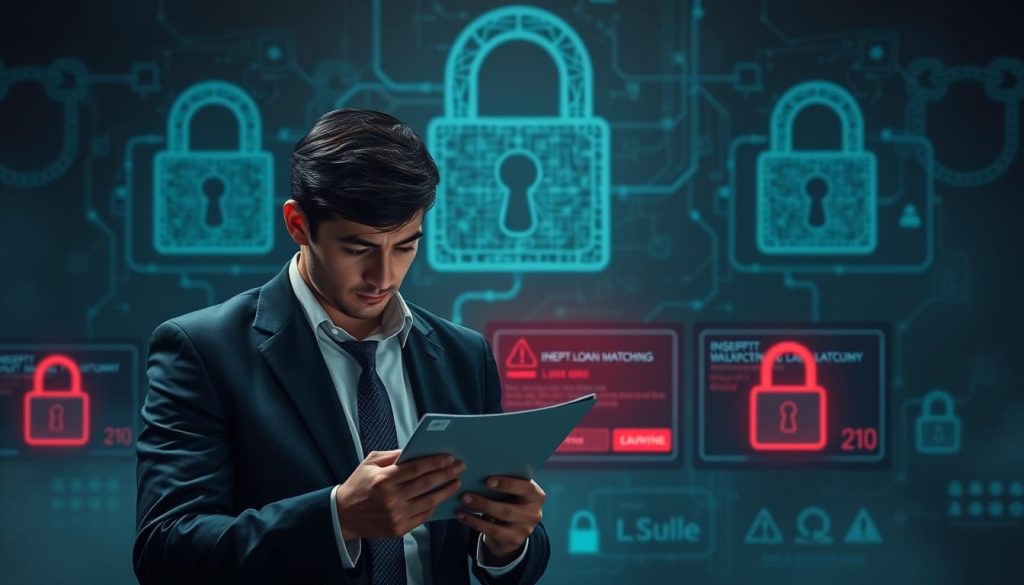 A conceptual illustration of data privacy and security risks, focusing on the theme of personal data leakage. In the foreground, a worried individual in business attire, examining a digital document with red warning signs that symbolize data breaches. In the middle ground, blurred screens of inept loan matching platforms, displaying incorrect or misleading information to emphasize the consequences of data inaccuracies. The background features a dark, ominous atmosphere with abstract representations of digital locks and chains, symbolizing the threat to privacy. Soft, dim lighting casts shadows, creating a serious and contemplative mood. The image should evoke feelings of urgency and caution regarding data misuse and its potential impact on individuals.
