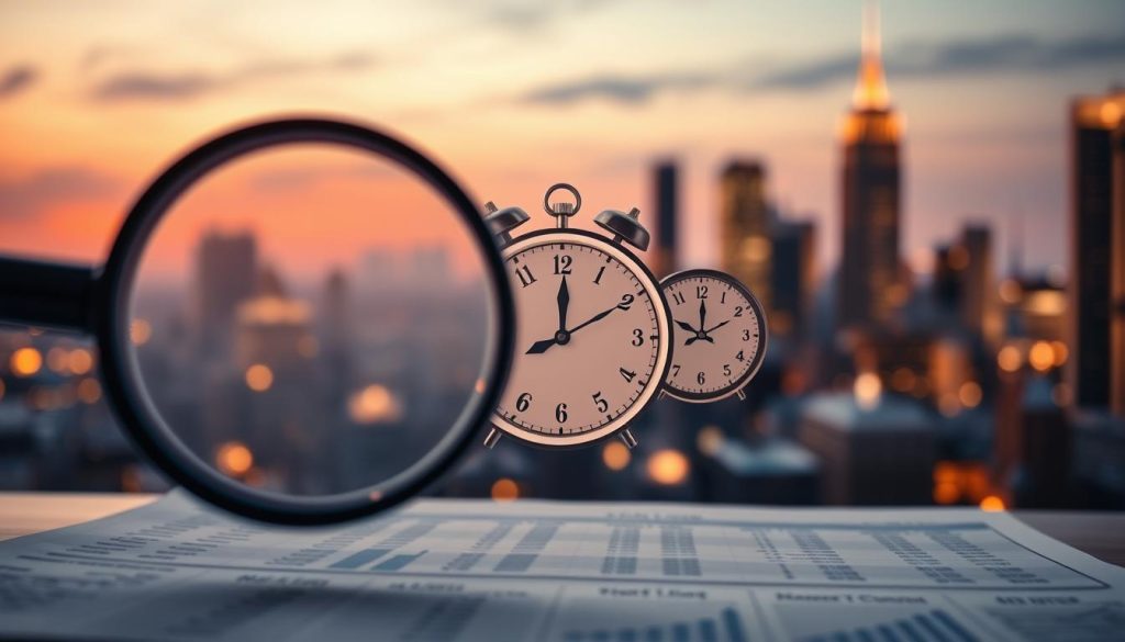 A conceptual illustration of "real interest rates" depicted through a visually engaging metaphor. In the foreground, a magnifying glass hovers over a detailed financial document displaying numbers and graphs, symbolizing scrutiny of interest rates. The middle layer features a series of clocks representing time periods intertwined with dollar signs, illustrating the relationship between loan duration and costs. In the background, a blurred city skyline at dusk gives a modern financial ambiance, with warm, ambient lighting. The mood is serious yet hopeful, reflecting the cautious optimism of navigating financial decisions. The focus should be sharp, with a slight depth of field, capturing the essence of financial awareness without any distractions or overlay text.