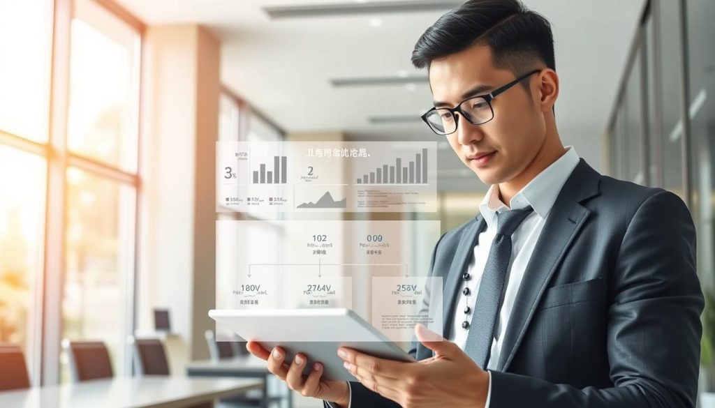 A conceptual illustration of "授信邏輯" (credit logic), featuring a balanced composition that conveys the analytical process of bank loan approval. In the foreground, a business professional in smart attire analyzes data on a digital tablet, with a thoughtful expression. The middle layer displays graphical representations of credit scores, financial charts, and a flowchart depicting loan evaluation criteria. In the background, a modern bank office with large windows allows natural light to flood the space, creating a bright, polished atmosphere. Use soft lighting to enhance the focus on the central figure and graphics. Capture a mood of professionalism and insightfulness, emphasizing the meticulous nature of financial decision-making.