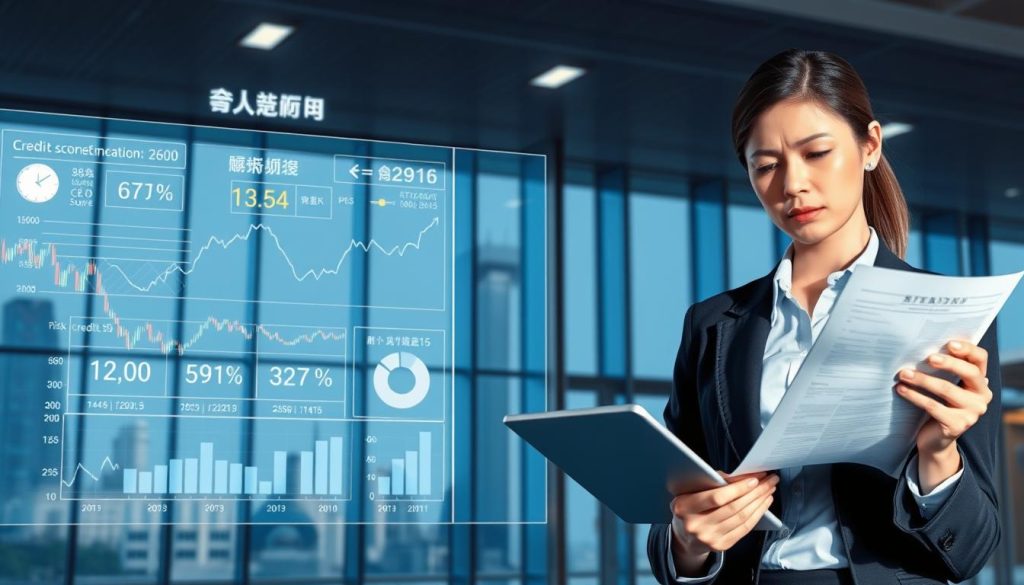 A conceptual illustration representing "信用風險" with a focus on banking. In the foreground, depict a professional businesswoman in smart attire analyzing financial documents, looking thoughtfully at a digital tablet. The middle ground features a large, transparent screen displaying fluctuating graphs, risk indicators, and statistics about credit scores. In the background, a modern bank with large glass windows and an urban skyline creates a sense of stability and professionalism. The lighting is bright and clear, with a slight focus on the woman, highlighting her expressions of concern and analysis. The overall atmosphere is serious and informative, conveying the significance of understanding credit risk in banking, with a color palette of cool blues and grays for a corporate feel.