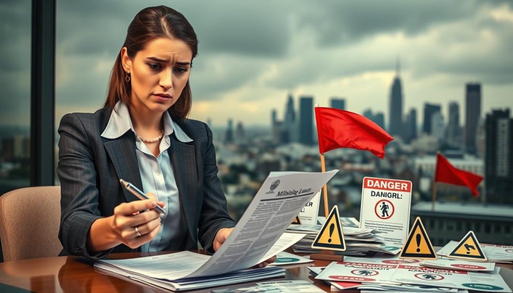 A conceptual scene illustrating the theme of loan scam alerts. In the foreground, a concerned businesswoman is reviewing documents with a perplexed expression, dressed in professional attire, holding a pen as if she is about to sign. In the middle ground, there's a desk cluttered with misleading loan advertisements and warning signs, featuring red flags and symbols indicating danger. In the background, a soft-focus cityscape represents urban life, with a gloomy sky, hinting at the uncertainties of financial decisions. The lighting is moody, casting subtle shadows to enhance the feeling of caution and unease. The angle captures a slightly elevated view, providing a perspective that emphasizes the seriousness of potential financial traps. A conceptual scene illustrating the theme of loan scam alerts. In the foreground, a concerned businesswoman is reviewing documents with a perplexed expression, dressed in professional attire, holding a pen as if she is about to sign. In the middle ground, there's a desk cluttered with misleading loan advertisements and warning signs, featuring red flags and symbols indicating danger. In the background, a soft-focus cityscape represents urban life, with a gloomy sky, hinting at the uncertainties of financial decisions. The lighting is moody, casting subtle shadows to enhance the feeling of caution and unease. The angle captures a slightly elevated view, providing a perspective that emphasizes the seriousness of potential financial traps.