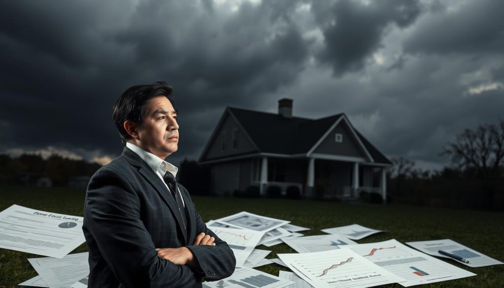 A concerned individual stands in the foreground, looking thoughtfully at a residential house, symbolizing the risks of home equity loans. In the middle ground, there are scattered documents and graphs depicting fluctuating interest rates and declining property values, suggesting financial instability. The background features a cloudy sky to represent uncertainty, with a subtle shadow cast over the house, enhancing the mood of caution. The lighting is moody, with a soft, diffused light illuminating the individual’s face, dressed in professional business attire to convey seriousness. The overall atmosphere should evoke a sense of doubt and caution for potential borrowers contemplating increased loans. A concerned individual stands in the foreground, looking thoughtfully at a residential house, symbolizing the risks of home equity loans. In the middle ground, there are scattered documents and graphs depicting fluctuating interest rates and declining property values, suggesting financial instability. The background features a cloudy sky to represent uncertainty, with a subtle shadow cast over the house, enhancing the mood of caution. The lighting is moody, with a soft, diffused light illuminating the individual’s face, dressed in professional business attire to convey seriousness. The overall atmosphere should evoke a sense of doubt and caution for potential borrowers contemplating increased loans.