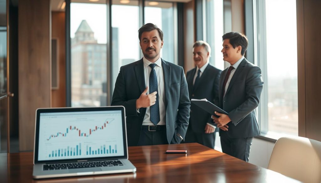 A confident business leader standing in an elegant office setting, dressed in formal business attire. The foreground features a polished wooden desk with a laptop open, displaying financial graphs and documents, symbolizing a responsible company leader's role in securing loans. In the middle, the leader engages in a thoughtful discussion with a banker, highlighted by facial expressions of trust and professionalism. The background includes large windows showing a cityscape, with natural sunlight filtering in, creating a warm and inviting atmosphere. The scene conveys a sense of determination and credibility, with soft focus on the background to emphasize the subjects in the foreground. The overall mood is serious yet optimistic, reflecting the impact of leadership on financial decisions. A confident business leader standing in an elegant office setting, dressed in formal business attire. The foreground features a polished wooden desk with a laptop open, displaying financial graphs and documents, symbolizing a responsible company leader's role in securing loans. In the middle, the leader engages in a thoughtful discussion with a banker, highlighted by facial expressions of trust and professionalism. The background includes large windows showing a cityscape, with natural sunlight filtering in, creating a warm and inviting atmosphere. The scene conveys a sense of determination and credibility, with soft focus on the background to emphasize the subjects in the foreground. The overall mood is serious yet optimistic, reflecting the impact of leadership on financial decisions.