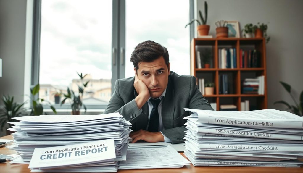 A contemplative business professional seated at a desk cluttered with financial documents, looking towards the camera with a serious expression. The foreground features stacks of paperwork labeled "Loan Application," "Credit Report," and "Self-Assessment Checklist," highlighting the theme of loan failure. In the middle ground, a large window reveals a cloudy, overcast sky, symbolizing uncertainty and challenges. In the background, a bookshelf filled with finance-related books and plants adds a touch of professionalism. The scene is illuminated by soft, natural light filtering through the window, creating an introspective mood. The camera angle is slightly above eye level, focusing on the individual's emotions and the documents, without any text or distractions present.