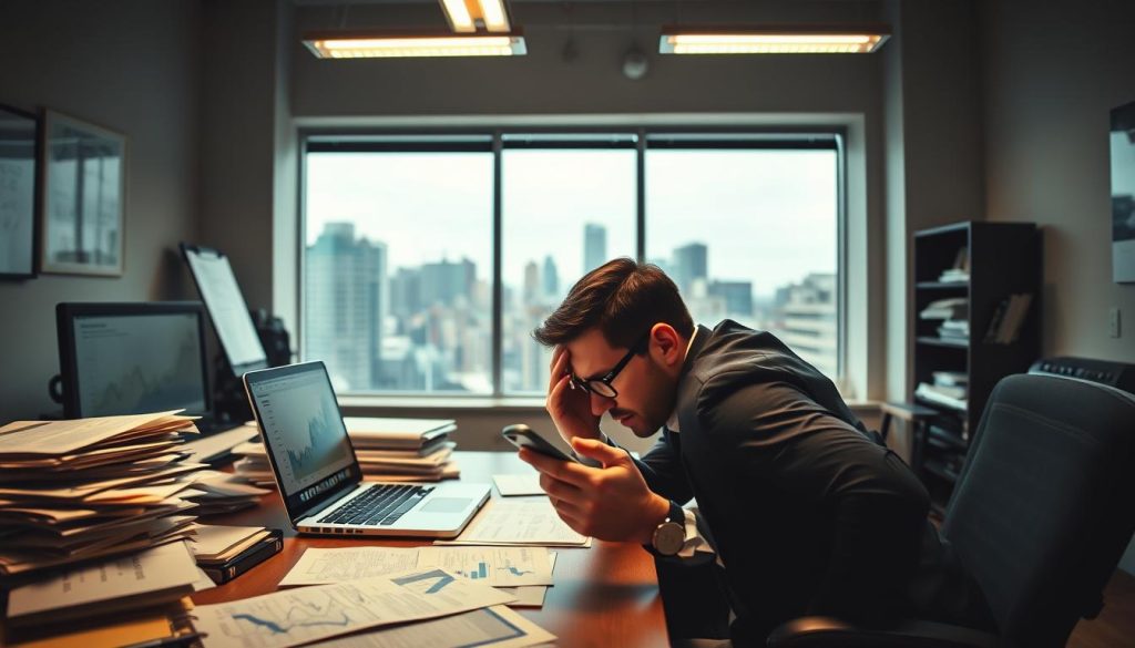 A desperate scene centered around a person anxiously checking their phone in a modern office setting, conveying urgency and stress related to financial needs. In the foreground, a male figure in professional attire anxiously taps fingers on a cluttered desk. A laptop displays financial graphs while piles of documents and bills surround him. The middle ground shows a window with a view of a city bustling outside, emphasizing the fast pace of life. Bright, fluorescent overhead lights illuminate the scene, creating a stark contrast with the shadowy corners, enhancing the tension. The overall atmosphere is one of urgency and concern, with a focus on the looming financial pressure.