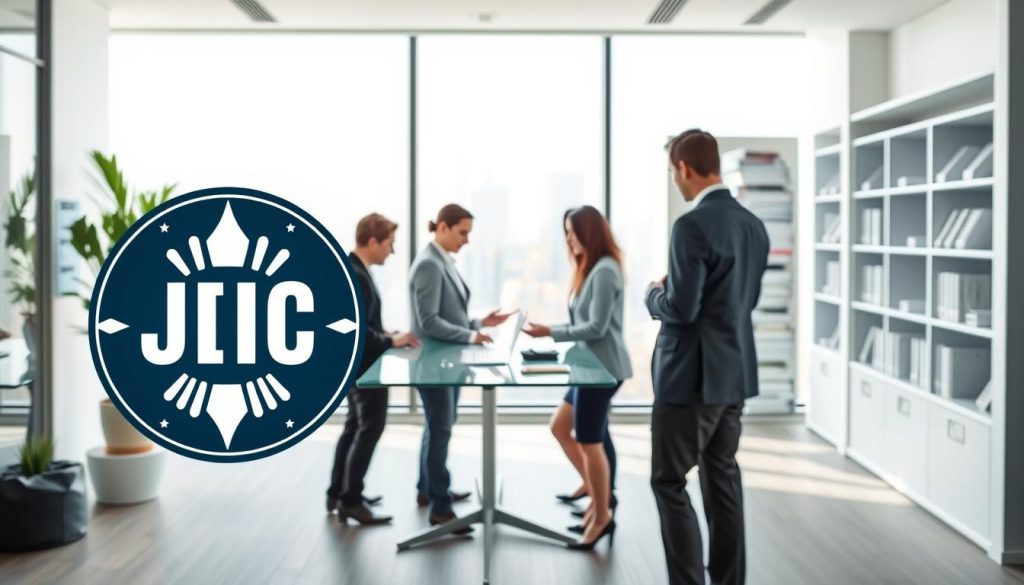 A detailed and informative depiction of the JCIC (Joint Credit Information Center) logo, emphasized in a modern office environment. In the foreground, display the JCIC emblem prominently, sleek and professional. In the middle ground, showcase a bright, minimalist office setting with a large window revealing a city skyline, symbolizing finance and industry. Include a group of diverse professionals in smart business attire, engaged in a discussion around a table with laptops and documents, reflecting collaboration and research. The background should feature shelves with financial books and charts, softly lit with natural daylight to create an inviting atmosphere. The overall mood should convey professionalism and the importance of understanding credit information. Ensure no text or branding elements appear beyond the JCIC logo. A detailed and informative depiction of the JCIC (Joint Credit Information Center) logo, emphasized in a modern office environment. In the foreground, display the JCIC emblem prominently, sleek and professional. In the middle ground, showcase a bright, minimalist office setting with a large window revealing a city skyline, symbolizing finance and industry. Include a group of diverse professionals in smart business attire, engaged in a discussion around a table with laptops and documents, reflecting collaboration and research. The background should feature shelves with financial books and charts, softly lit with natural daylight to create an inviting atmosphere. The overall mood should convey professionalism and the importance of understanding credit information. Ensure no text or branding elements appear beyond the JCIC logo.