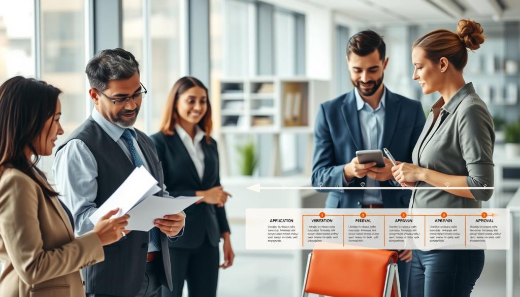 A detailed and informative illustration of the mortgage approval process. In the foreground, a diverse group of professionals in business attire, such as a middle-aged Asian man reviewing documents, a young African woman taking notes, and a Caucasian woman discussing with a client. In the middle ground, a visually engaging flowchart depicting various stages of the mortgage approval timeline, with arrows, icons, and timelines representing different steps like application, verification, and approval. The background features a modern office setting with large windows, showcasing a bright and organized workspace. Soft, natural light filters in, creating a professional yet inviting atmosphere, perfect for conveying the seriousness and importance of understanding mortgage approval timelines.