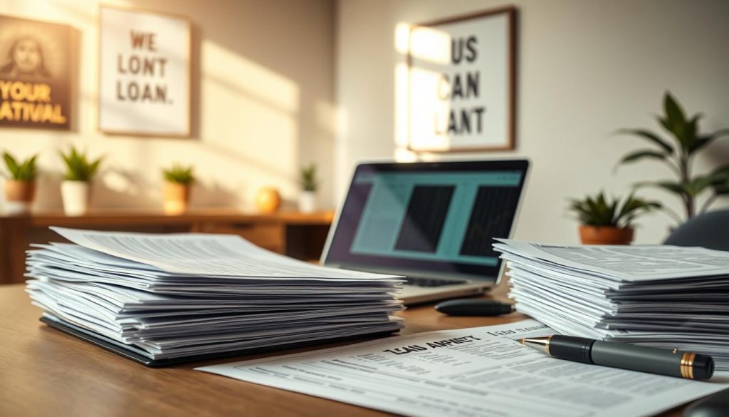 A detailed and organized workspace filled with essential loan documents. In the foreground, a neatly arranged stack of various loan paperwork, including application forms, financial statements, and identification documents, each clearly visible and professionally formatted. The middle ground features a sleek laptop open to a financial software, with a calculator and a pen beside the documents, creating an atmosphere of productivity. The background includes a softly lit office with a motivational poster on the wall and indoor plants that add a calming touch. The lighting is warm and inviting, with rays of sunlight filtering through a window, casting gentle shadows on the desk. The overall mood is professional, emphasizing the importance of proper documentation for loan applications.