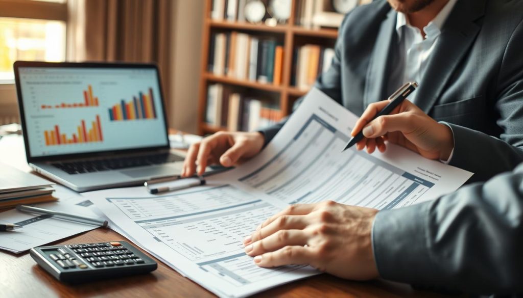 A detailed and professional depiction of a credit report analysis for a mortgage application. In the foreground, a businessperson in professional attire analyzes a large, printed credit report, highlighting important sections with a pen. The middle ground features a desk cluttered with financial documents, a calculator, and a laptop displaying graphs and charts related to credit scores. The background includes a soft-focus bookshelf filled with finance-related books, creating an academic atmosphere. The lighting is warm and natural, coming from a window, giving a sense of a late afternoon setting. The mood is focused and analytical, emphasizing the importance of understanding credit details for mortgage applications. A detailed and professional depiction of a credit report analysis for a mortgage application. In the foreground, a businessperson in professional attire analyzes a large, printed credit report, highlighting important sections with a pen. The middle ground features a desk cluttered with financial documents, a calculator, and a laptop displaying graphs and charts related to credit scores. The background includes a soft-focus bookshelf filled with finance-related books, creating an academic atmosphere. The lighting is warm and natural, coming from a window, giving a sense of a late afternoon setting. The mood is focused and analytical, emphasizing the importance of understanding credit details for mortgage applications.