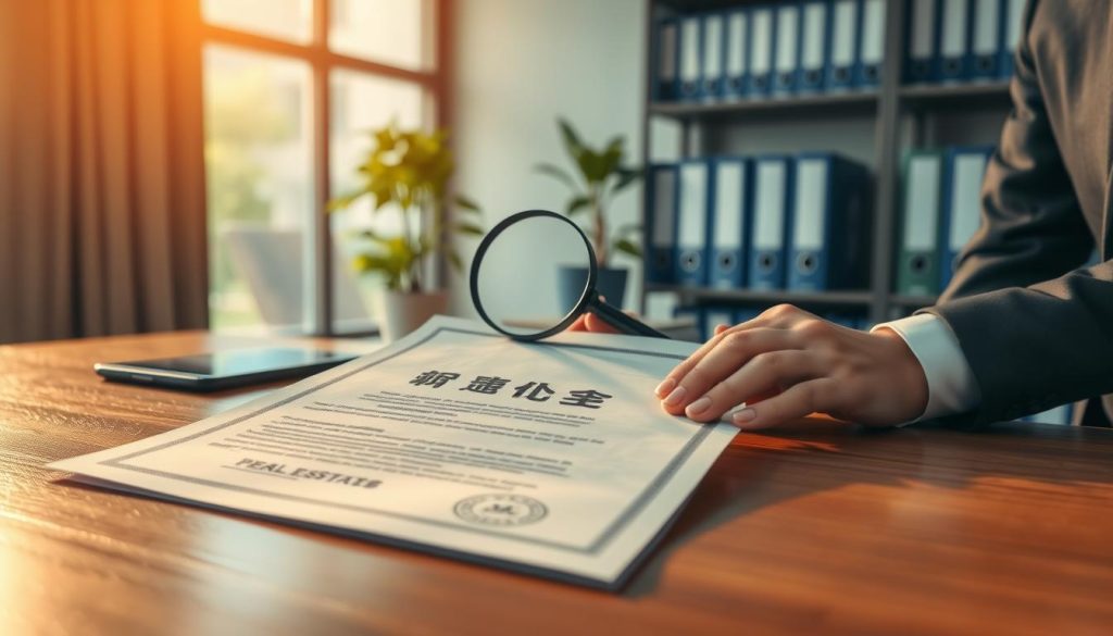 A detailed and professional scene depicting a "房屋權狀" document prominently placed on a wooden desk with a soft focus. In the foreground, the document showcases detailed property descriptions and official seals, illuminated by warm, natural lighting from a nearby window. In the middle ground, a pair of hands, dressed in formal business attire, reviews the document with a magnifying glass, symbolizing scrutiny and diligence in preparing real estate ownership paperwork. The background features a modern office with shelves filled with real estate binders and a potted plant, creating a serene and organized atmosphere. The overall mood is one of professionalism and focus, emphasizing the importance of accurately preparing property ownership documents. A detailed and professional scene depicting a "房屋權狀" document prominently placed on a wooden desk with a soft focus. In the foreground, the document showcases detailed property descriptions and official seals, illuminated by warm, natural lighting from a nearby window. In the middle ground, a pair of hands, dressed in formal business attire, reviews the document with a magnifying glass, symbolizing scrutiny and diligence in preparing real estate ownership paperwork. The background features a modern office with shelves filled with real estate binders and a potted plant, creating a serene and organized atmosphere. The overall mood is one of professionalism and focus, emphasizing the importance of accurately preparing property ownership documents.