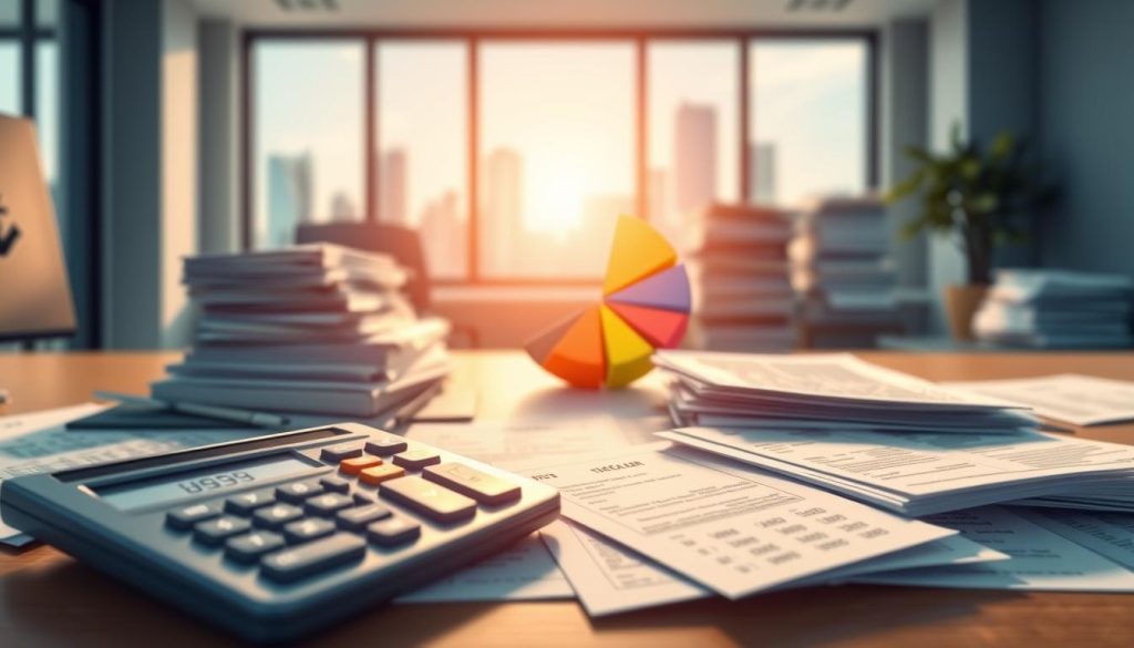 A detailed and visually engaging illustration representing the concept of "Total Cost Annual Percentage Rate" (TCAPR). Foreground: a professional-looking calculator, elegantly displaying numerical values related to finance, surrounded by scattered financial documents. Middle: a stylized pie chart, showing different cost segments, with vibrant colors to represent various fees and interest rates. Background: a modern office environment, softly lit with natural light streaming in through a large window, hinting at stacks of relevant documents and a blurred city skyline outside. The overall atmosphere should convey a sense of clarity and professionalism, emphasizing an analytical approach to vehicle financing, particularly for used cars. Maintain focus on the financial theme without any distractions.