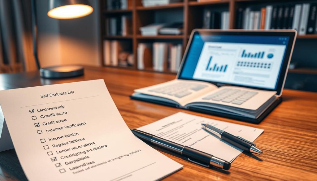 A detailed checklist for self-evaluation before applying for a loan, depicted on a clean, polished wooden desk. In the foreground, a neatly organized paper checklist with bullet points like "Land Ownership," "Credit Score," and "Income Verification." Beside it, a sophisticated pen rests on an open notebook filled with insightful notes. In the middle background, a laptop displays financial graphs and loan calculators, subtly glowing with a soft blue light, suggesting a productive atmosphere. Further back, an office setting with a modern bookshelf filled with business and finance books welcomes the viewer's gaze. Soft, warm lighting from a desk lamp creates an encouraging and focused mood, emphasizing preparation and professionalism, while ensuring the scene feels inviting and organized. A detailed checklist for self-evaluation before applying for a loan, depicted on a clean, polished wooden desk. In the foreground, a neatly organized paper checklist with bullet points like "Land Ownership," "Credit Score," and "Income Verification." Beside it, a sophisticated pen rests on an open notebook filled with insightful notes. In the middle background, a laptop displays financial graphs and loan calculators, subtly glowing with a soft blue light, suggesting a productive atmosphere. Further back, an office setting with a modern bookshelf filled with business and finance books welcomes the viewer's gaze. Soft, warm lighting from a desk lamp creates an encouraging and focused mood, emphasizing preparation and professionalism, while ensuring the scene feels inviting and organized.