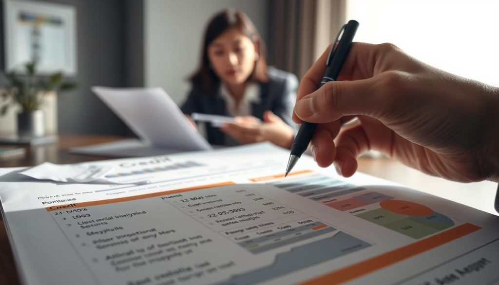 A detailed close-up of a credit report, specifically a "聯徵報告," featuring various sections highlighted, showing numerical scores, pie charts, and potential areas marked for improvement. The foreground focuses on a hand holding a pen, poised over the report, indicating a deep analysis. In the middle ground, a professional woman in business attire, looking contemplative, examines the document's intricate details. The background is softly blurred, showing an office environment with muted colors, creating a serious yet focused mood. Soft natural lighting streaming through a window casts gentle shadows, emphasizing the importance of the financial assessment. The image conveys a sense of diligence and professionalism, capturing the essence of evaluating potential score deductions in a banking context. A detailed close-up of a credit report, specifically a "聯徵報告," featuring various sections highlighted, showing numerical scores, pie charts, and potential areas marked for improvement. The foreground focuses on a hand holding a pen, poised over the report, indicating a deep analysis. In the middle ground, a professional woman in business attire, looking contemplative, examines the document's intricate details. The background is softly blurred, showing an office environment with muted colors, creating a serious yet focused mood. Soft natural lighting streaming through a window casts gentle shadows, emphasizing the importance of the financial assessment. The image conveys a sense of diligence and professionalism, capturing the essence of evaluating potential score deductions in a banking context.