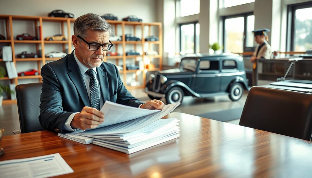 A detailed financial consultation scene set in a modern office environment. In the foreground, a middle-aged professional, wearing a smart business suit, is examining a stack of financial documents about car financing options. The professional is seated at a polished wooden desk, looking thoughtful and engaged. In the middle ground, a vintage car is prominently displayed, symbolizing the subject of having only an old vehicle. Soft, natural lighting enters through large windows, creating a warm and inviting atmosphere. In the background, there are shelves filled with car models and financial books. The overall mood should convey optimism and professionalism, reflecting the possibilities of financing for older vehicles.