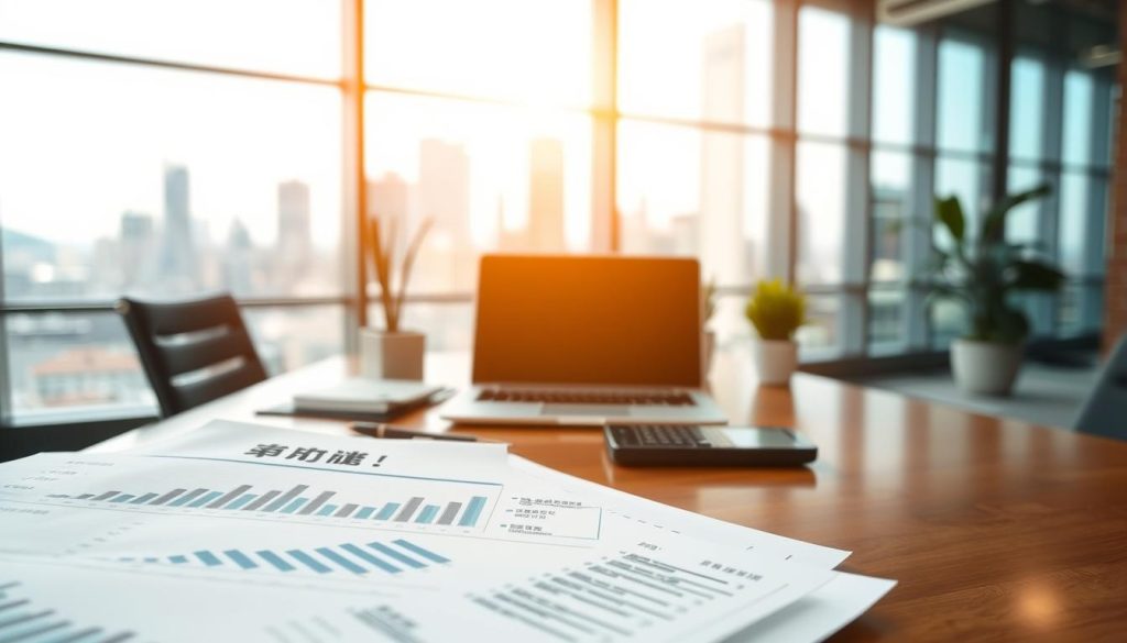 A detailed financial document titled "現金流證明" prominently displayed in a professional office setting. In the foreground, the document features financial graphs, including cash flow statements and bar charts, symbolizing economic metrics. The middle layer includes a polished wooden desk with a modern laptop, a calculator, and a subtle plant for a touch of vitality. In the background, a blurred cityscape can be seen through large office windows, indicating a bustling business environment. The scene is illuminated by soft, natural light streaming in, creating a warm and inviting atmosphere. The overall mood reflects professionalism and focus, ideal for a business-related discussion on financial metrics.