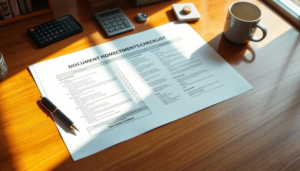 A detailed flat lay of a document checklist for home refinancing, featuring essential papers like mortgage statements, income proof, and property appraisals neatly organized. The documents should be on a polished wooden desk, illuminated by soft, natural light from a nearby window, creating a warm and inviting atmosphere. Surrounding the papers, include small office stationery items like a pen, a calculator, and a coffee mug, adding to the professional vibe. The scene should be captured from a slight overhead angle to emphasize the arrangement and clarity of the documents without any text or logos present. The overall mood should be focused, conveying a sense of preparation and organization for a home loan process. A detailed flat lay of a document checklist for home refinancing, featuring essential papers like mortgage statements, income proof, and property appraisals neatly organized. The documents should be on a polished wooden desk, illuminated by soft, natural light from a nearby window, creating a warm and inviting atmosphere. Surrounding the papers, include small office stationery items like a pen, a calculator, and a coffee mug, adding to the professional vibe. The scene should be captured from a slight overhead angle to emphasize the arrangement and clarity of the documents without any text or logos present. The overall mood should be focused, conveying a sense of preparation and organization for a home loan process.