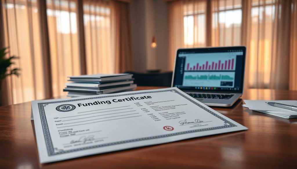 A detailed graphic of a "Funding Certificate" in a professional setting. In the foreground, prominently display a realistic, well-structured certificate with official seals and signatures. The certificate should be partially open on a polished wooden desk, revealing clear sections labeled for funding amounts and bank details. In the middle ground, include a neatly stacked stack of documents and a laptop showing charts related to loan dispersal. In the background, a modern office environment with large windows letting in warm natural light, filtering through sheer curtains to create a soft glow. The atmosphere should be formal yet inviting, suggesting professionalism and trustworthiness in financial transactions. A detailed graphic of a "Funding Certificate" in a professional setting. In the foreground, prominently display a realistic, well-structured certificate with official seals and signatures. The certificate should be partially open on a polished wooden desk, revealing clear sections labeled for funding amounts and bank details. In the middle ground, include a neatly stacked stack of documents and a laptop showing charts related to loan dispersal. In the background, a modern office environment with large windows letting in warm natural light, filtering through sheer curtains to create a soft glow. The atmosphere should be formal yet inviting, suggesting professionalism and trustworthiness in financial transactions.