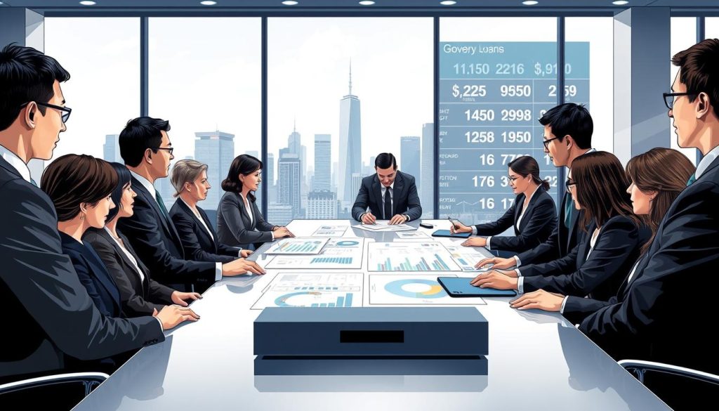 A detailed illustration depicting "government policy loans" in a professional banking context. In the foreground, a diverse group of business professionals in formal attire are engaged in a serious discussion around a sleek conference table, with charts and documents outlining loan structures spread out before them. In the middle ground, a large window reveals a modern cityscape, symbolizing economic development and opportunity. The background features a digital display showcasing government lending policies and interest rates. The lighting is bright and focused, creating a clear, professional atmosphere. The angle is slightly elevated, providing a comprehensive view of the collaborative setting. The overall mood is one of determination and progress, emphasizing the importance of policy loans in business financing.