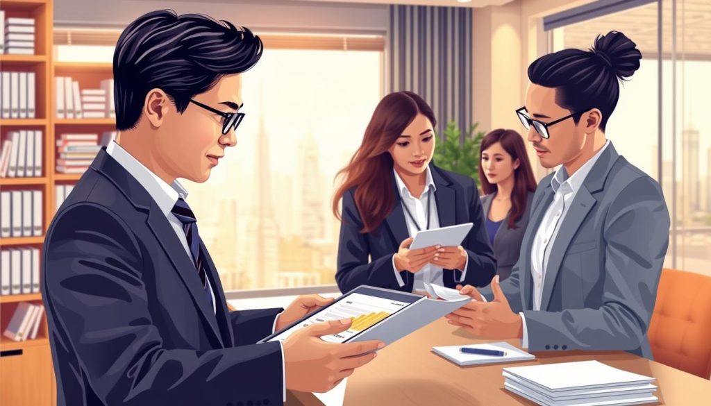 A detailed illustration of a bank loan assessment process, featuring a diverse group of professionals in a modern office setting. In the foreground, a focused banker examines financial documents and a digital tablet displaying graphs and data related to "聯徵" (credit reporting). In the middle, another team member discusses strategies with a client, all dressed in smart business attire. The background includes shelves of financial books, a large window letting in soft natural light, and a cityscape view. The scene has a professional and collaborative atmosphere, with warm lighting creating an inviting mood, highlighting the importance of careful financial assessment in housing transactions. A detailed illustration of a bank loan assessment process, featuring a diverse group of professionals in a modern office setting. In the foreground, a focused banker examines financial documents and a digital tablet displaying graphs and data related to "聯徵" (credit reporting). In the middle, another team member discusses strategies with a client, all dressed in smart business attire. The background includes shelves of financial books, a large window letting in soft natural light, and a cityscape view. The scene has a professional and collaborative atmosphere, with warm lighting creating an inviting mood, highlighting the importance of careful financial assessment in housing transactions.
