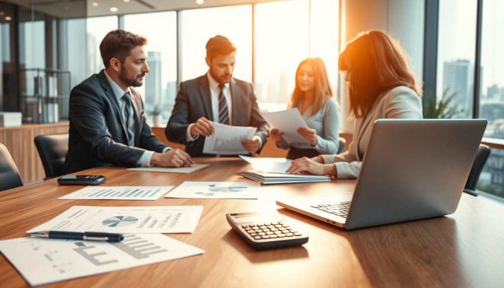 A detailed illustration of a bank's auditing logic process, focusing on a professional office environment. In the foreground, a sleek wooden desk with financial documents, a calculator, and a laptop displaying graphs. In the middle ground, a diverse group of three professionals, dressed in business attire, engaged in serious discussion about loan applications, pointing at charts and financial statements. The background features a bright bank office with large windows, showcasing a city skyline. Soft, natural light filters in, creating a warm and focused atmosphere. The overall mood reflects diligence and analysis, emphasizing the scrutiny involved in evaluating a company's debt status for loan eligibility.