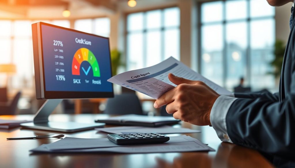 A detailed illustration of a credit score concept, featuring a digital screen displaying a colorful credit score gauge in the foreground, with a close-up of a businessperson's hands holding a credit report in a professional setting. In the middle, show a desk cluttered with financial documents and a calculator, symbolizing the loan process. In the background, softly blurred, depict a modern office environment with warm lighting and large windows allowing natural light to create a welcoming atmosphere. The mood is thoughtful and serious, conveying the importance of credit scores in financial decisions. Use a slightly elevated angle for a comprehensive view, ensuring an engaging and informative composition.