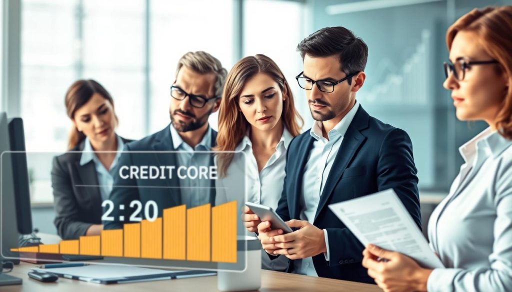 A detailed illustration of a credit score concept, showcasing a layered composition. In the foreground, feature a digital credit score display with numbers fluctuating, surrounded by icons representing loans and financial documents. In the middle, depict a diverse group of professional individuals—two men and two women—dressed in business attire, discussing and analyzing the credit score display. The background should have a blurred office setting with subtle financial charts and graphs, conveying a serious atmosphere. Use soft, natural lighting to highlight the subjects' expressions of concern and focus. The overall mood should evoke a sense of urgency and professionalism, emphasizing the importance of creditworthiness in financial decisions. A detailed illustration of a credit score concept, showcasing a layered composition. In the foreground, feature a digital credit score display with numbers fluctuating, surrounded by icons representing loans and financial documents. In the middle, depict a diverse group of professional individuals—two men and two women—dressed in business attire, discussing and analyzing the credit score display. The background should have a blurred office setting with subtle financial charts and graphs, conveying a serious atmosphere. Use soft, natural lighting to highlight the subjects' expressions of concern and focus. The overall mood should evoke a sense of urgency and professionalism, emphasizing the importance of creditworthiness in financial decisions.