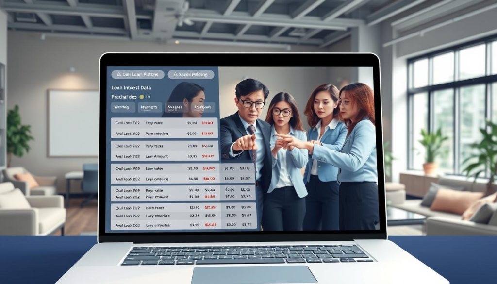 A detailed illustration of a digital loan matching platform, featuring a modern, sleek user interface displayed on a laptop screen in the foreground. The interface showcases loan data fields, some highlighted with warning symbols to indicate errors, such as incorrect interest rates, borrower information, and loan amounts. In the middle, a diverse group of professionals in business attire engage in a discussion, pointing at the screen, with expressions of concern and focus. The background shows a contemporary office environment with soft lighting, modern furniture, and a large window letting in natural light. The mood is serious and analytical, emphasizing the importance of accuracy in financial data management.