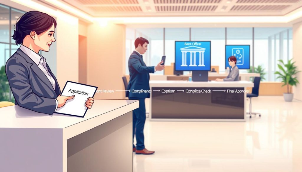 A detailed illustration of a document submission process, vividly capturing each step from submission to approval. In the foreground, depict a professional business person in smart attire, confidently handing over a file labeled "Application" to a bank officer at a sleek, modern desk. The middle ground shows a series of sequential checkpoints, such as a digital screen displaying "Document Review", "Compliance Check", and "Final Approval", each represented with engaging, stylized icons. In the background, include a bright, contemporary office environment with soft but inspiring lighting, suggesting a positive and professional atmosphere. Use a slightly elevated angle to create depth, emphasizing the workflow dynamics in this administrative setting. Opt for a clean, polished aesthetic without any text or branding elements.