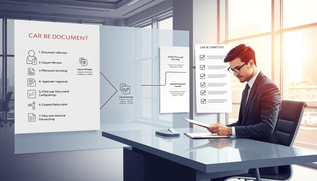 A detailed illustration of a financial document submission process for a car loan application. In the foreground, a professional, well-dressed person is filling out forms at a sleek office desk, looking focused. The middle ground features a large checklist on a nearby wall, displaying steps in the process, with visual icons representing each step, such as document collection, review, and approval stages. The background shows large windows with soft, natural light pouring in, illuminating a modern urban office environment, creating a productive and organized atmosphere. The scene conveys a sense of clarity and efficiency, emphasizing the importance of meticulous preparation for a loan application. The overall mood is professional and encouraging, inviting the viewer to engage with the process.