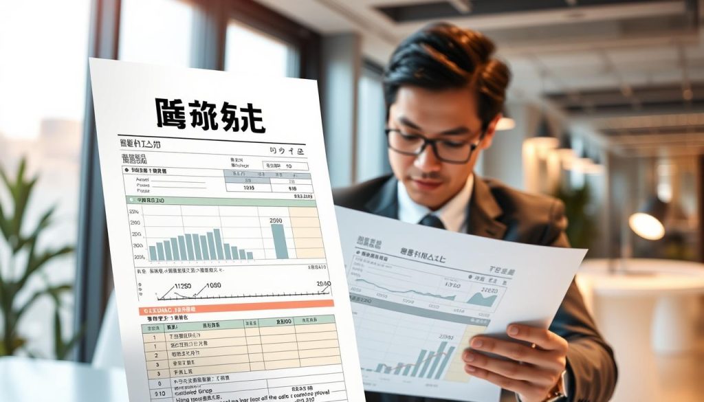 A detailed illustration of a financial record titled "聯徵查詢紀錄" displayed prominently in the foreground, showcasing various data points, graphs, and a timeline of credit inquiries. The middle layer features a professional, focused individual in business attire analyzing the document, portraying seriousness and diligence. The background highlights a sleek, modern office with soft lighting casting a warm glow, emphasizing a sense of professionalism and attention to detail. A subtle hint of a digital interface is present behind the individual, suggesting the integration of technology in financial processes. The overall mood is one of contemplation and caution, suitable for an analytical discussion about credit inquiries affecting loan approvals.
